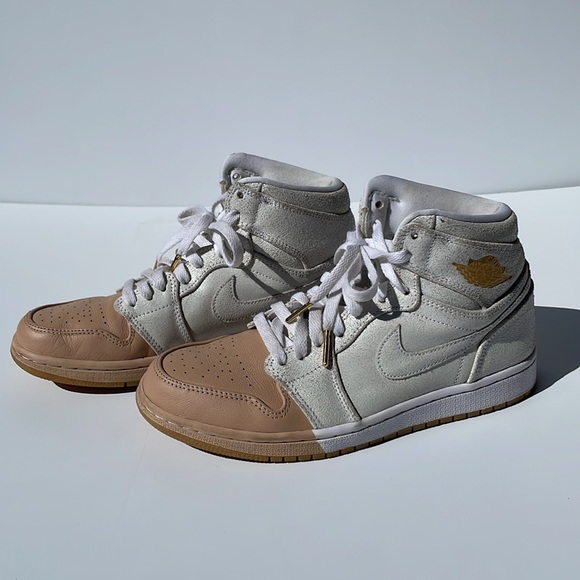 Dipped Retro Air Jordan 1 high top lustre white leather with tan toe & gold logo - Picture 4 of 10